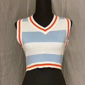 Urban Outfitters Sky Blue and White V-Neck Cropped Sweater Vest